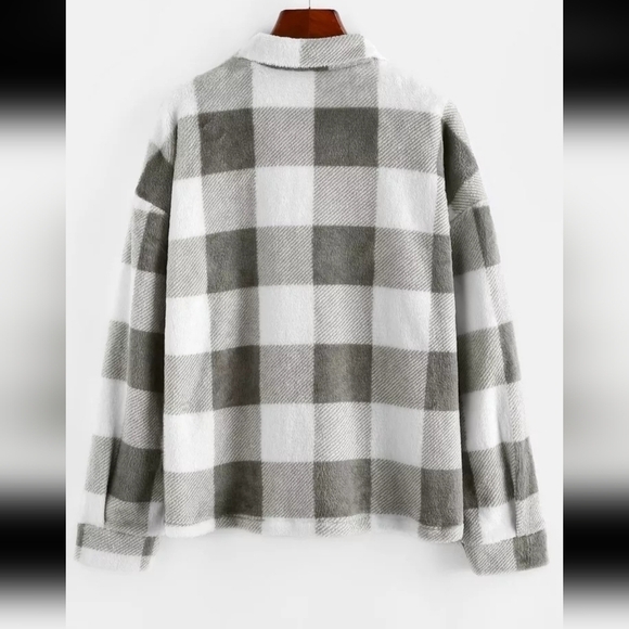 Plaid Buffalo Teddy Fleece Boxy Jacket Shacket Coat NEW! - Picture 4 of 8